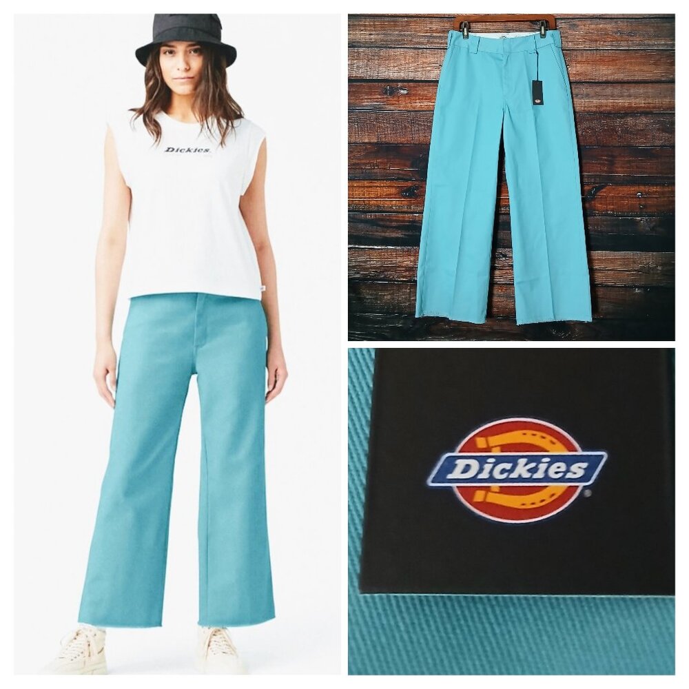 NWT Dickies Pants 8 Wide Leg Crop Ankle Raw Hem High Rise Light Teal Twill